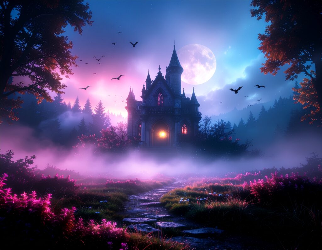 firefly create an image centered on a haunted mansion. it should be surrounded by etherial wh 313463