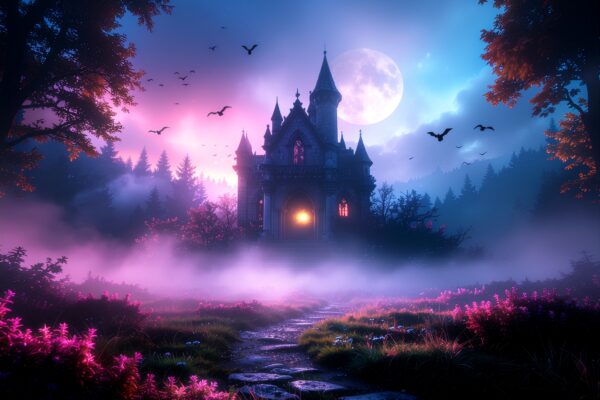 firefly create an image centered on a haunted mansion. it should be surrounded by etherial wh 313463